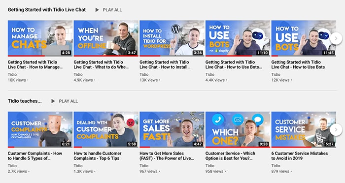 A selection of YouTube chatbot tutorial videos from Tidio