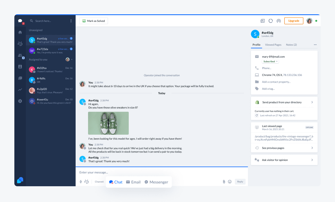 tidio user panel view