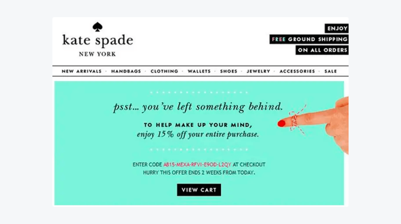 Abandoned cart coupon code by Kate Spade