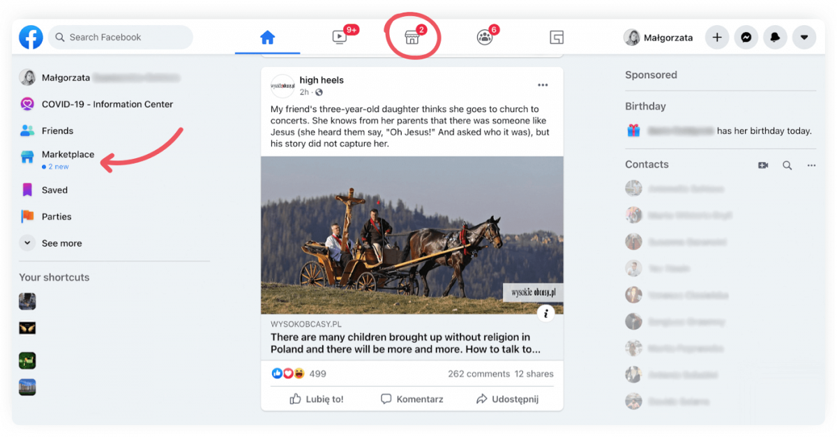 Image showing where to find the Facebook Marketplace icon on a browser.