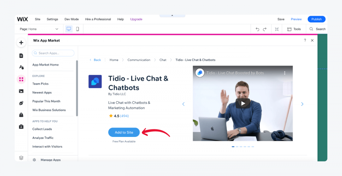 An arrow pointing to Add to Site button in Wix App Market 