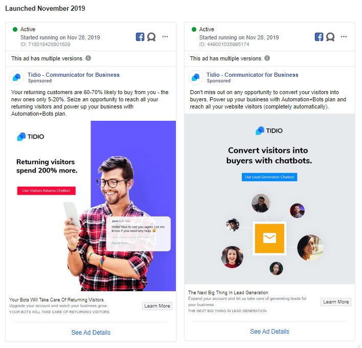 Facebook ads used from Tidio