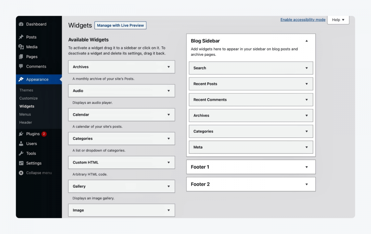 Widgets appearance panel in WordPress