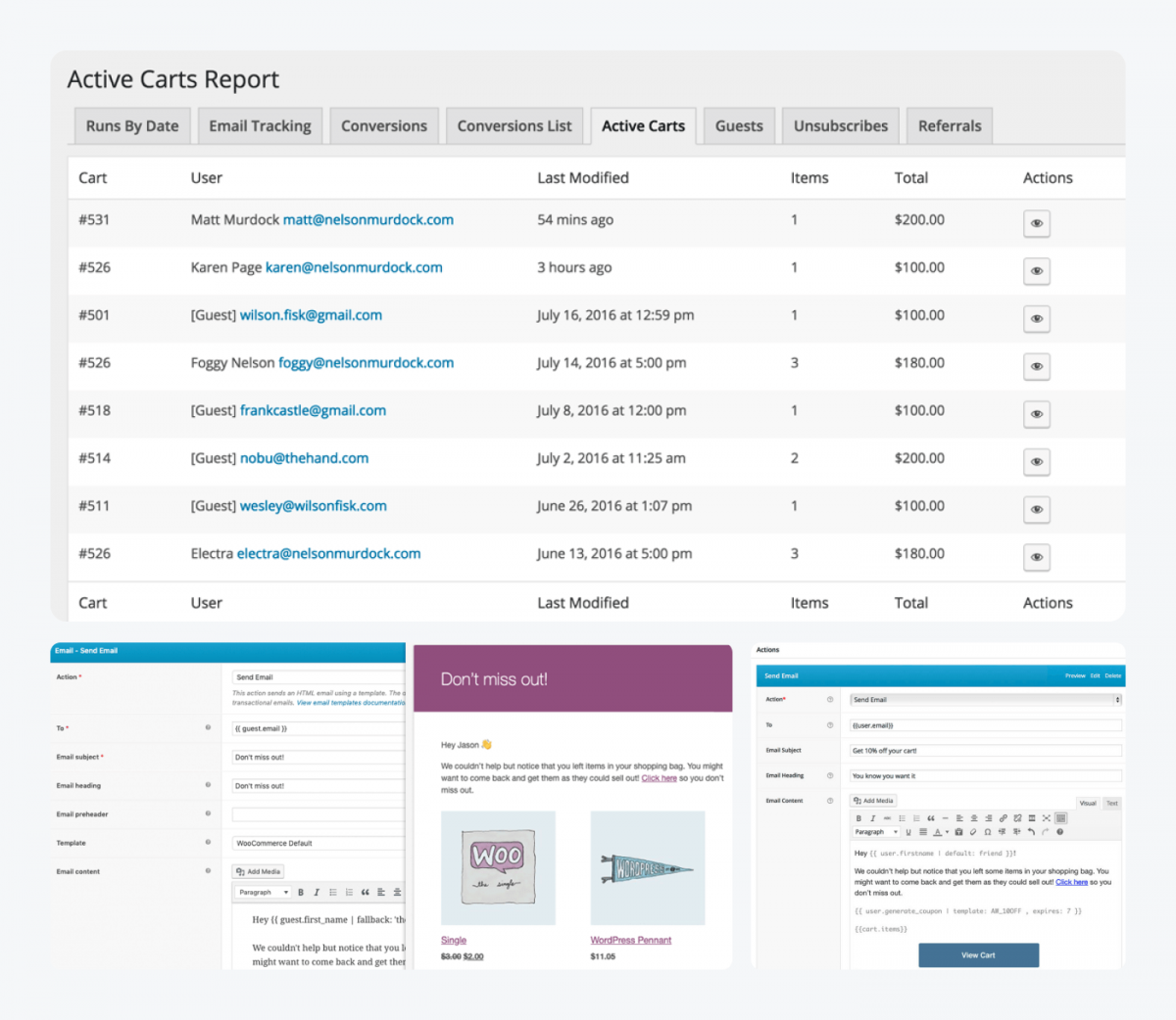 Panel previews of AutomateWoo