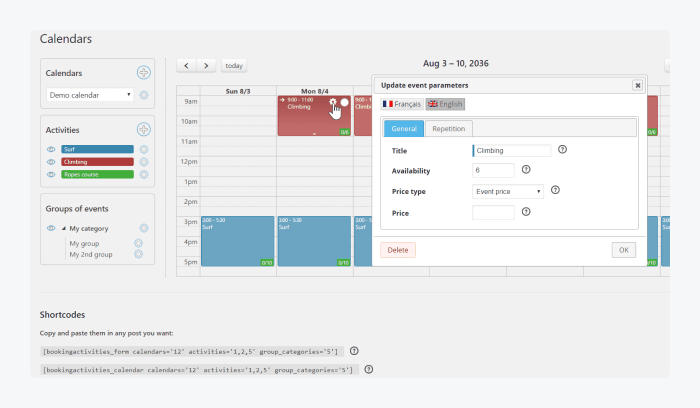 Screenshot of Booking Activities plugin on WordPress