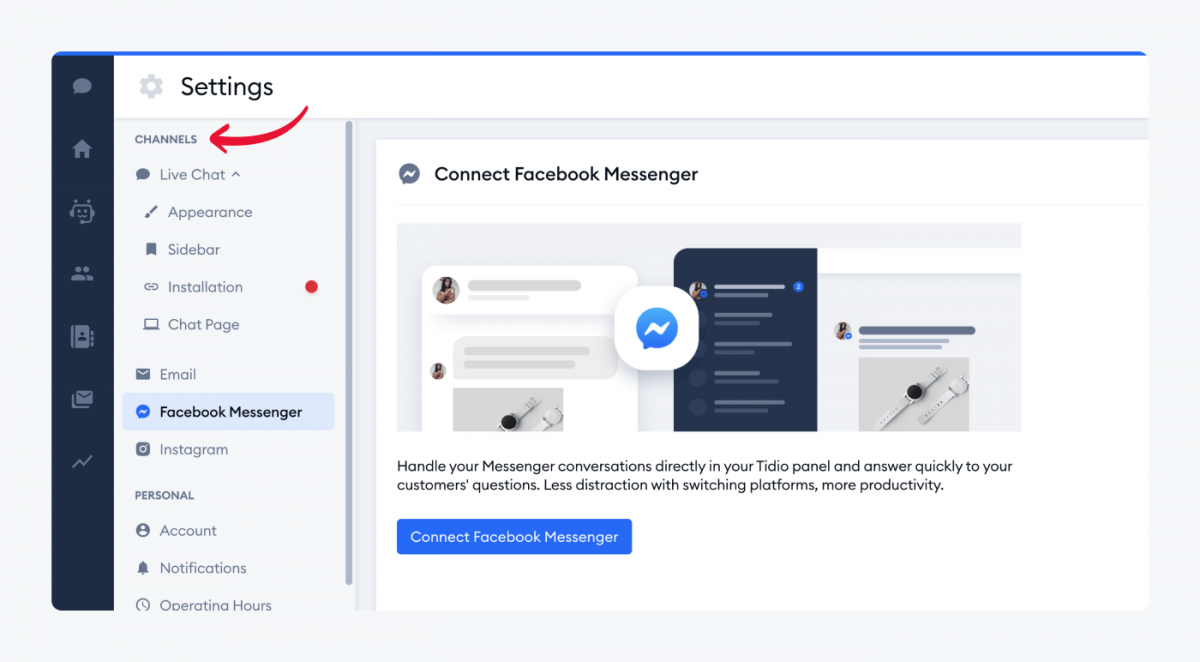 Tidio's integration settings with Facebook Messenger