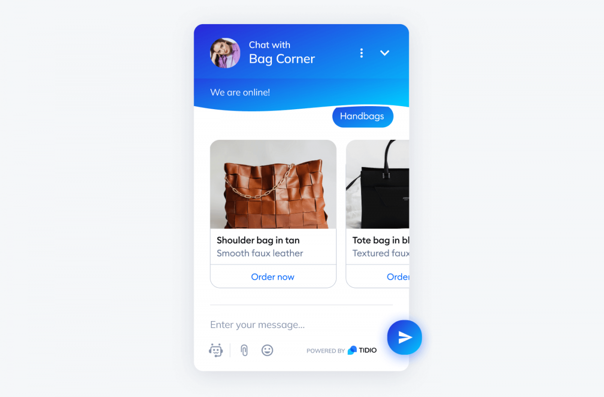 Example of chatbot offering product recommendations powered by Tidio
