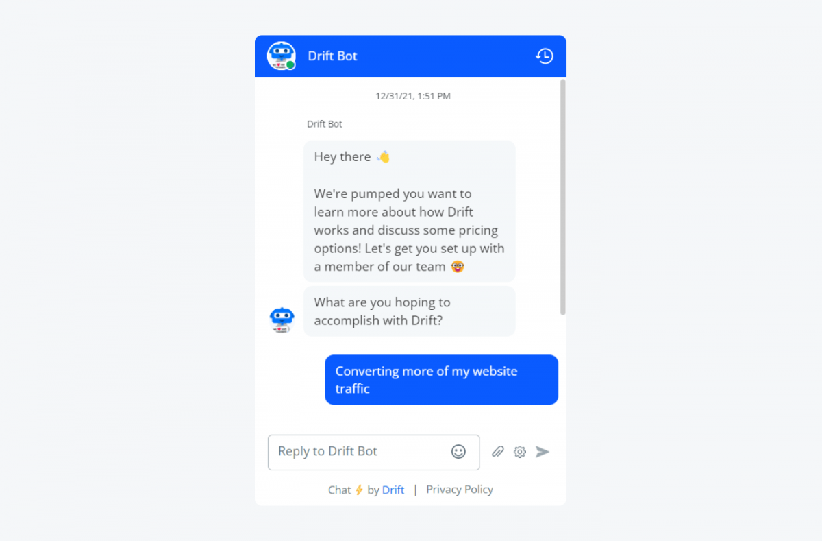 Example of lead generation chatbot from Drift