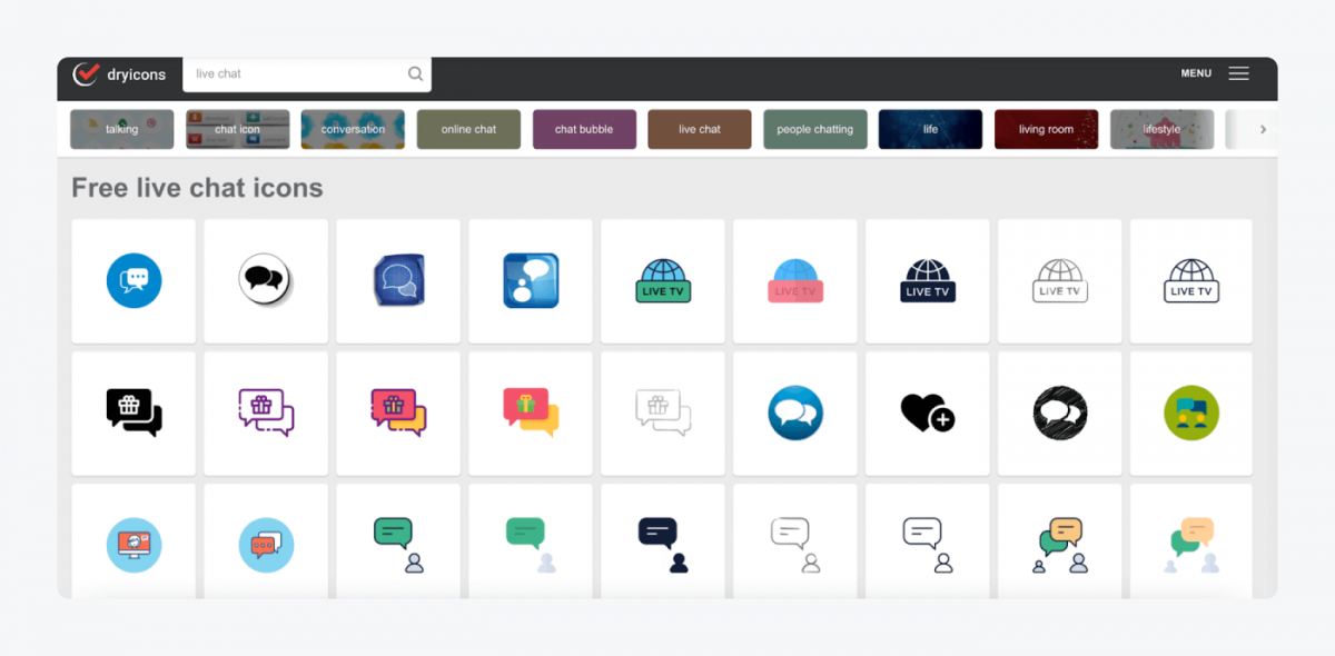 Search results for the phrase live chat icon in Dryicons internal search