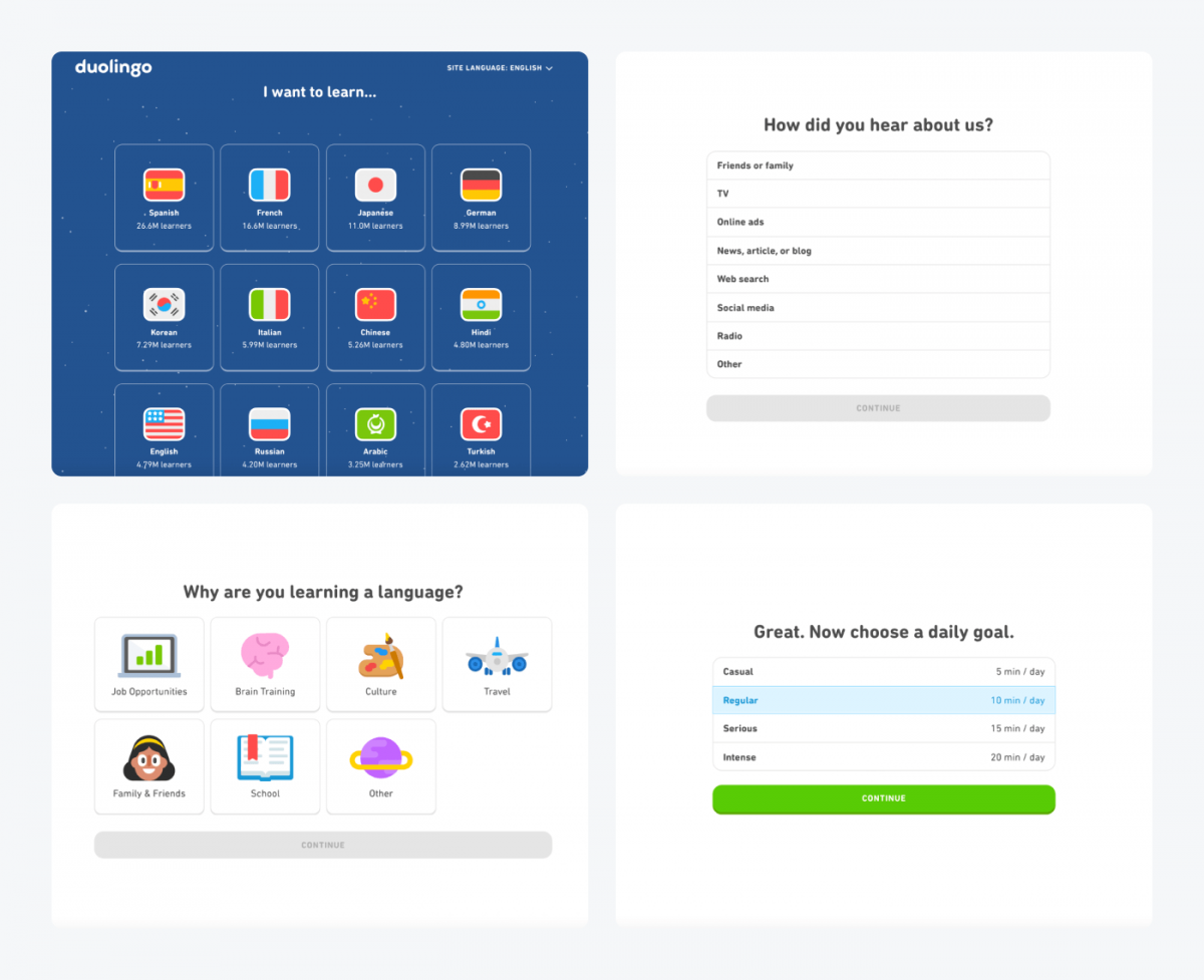 Duolingo's onboarding steps