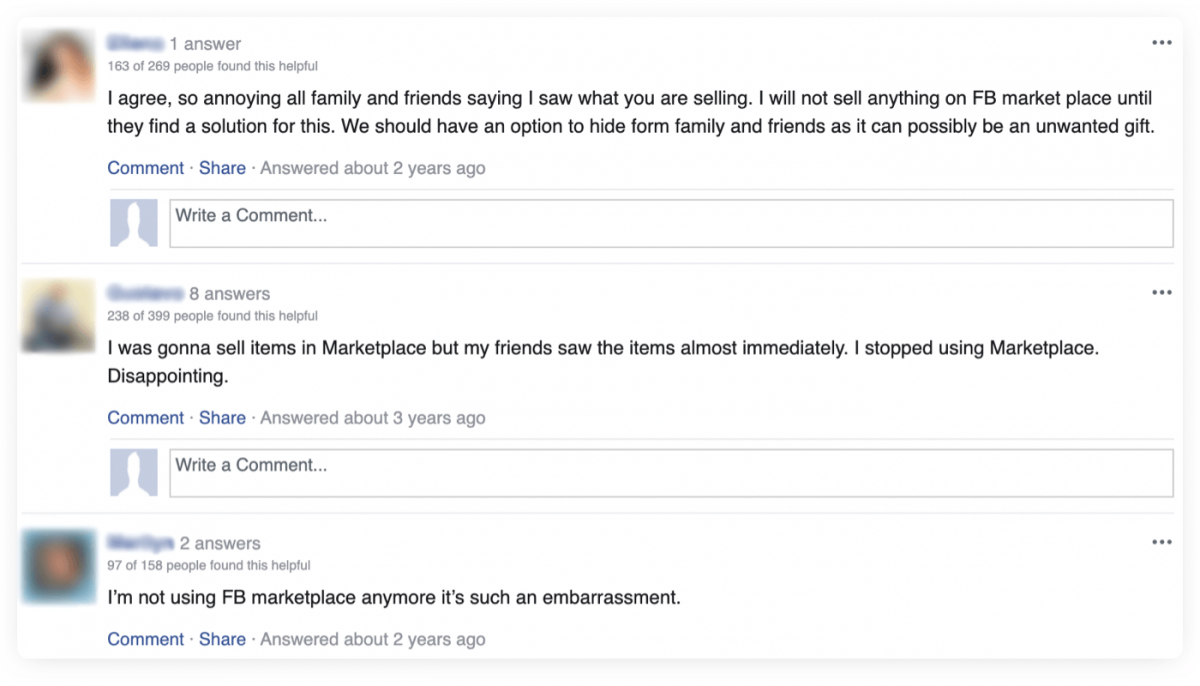 Screenshot of opinions of Facebook Marketplace users, unhappy about the lack of "Hide from friends" option, before it was launched.