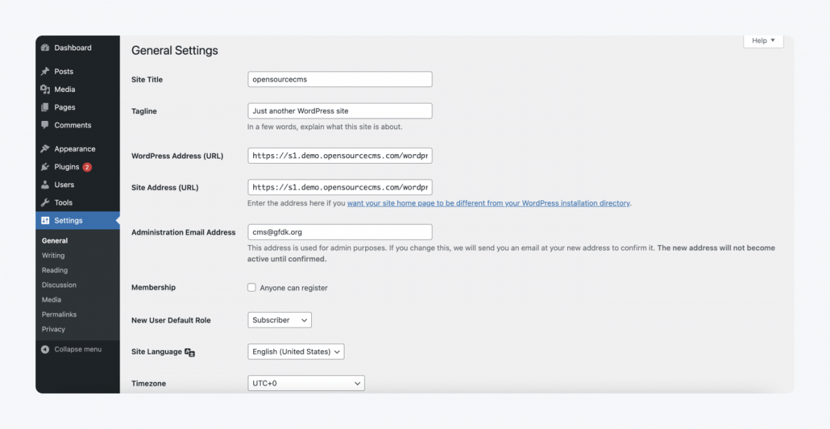 General settings in WordPress