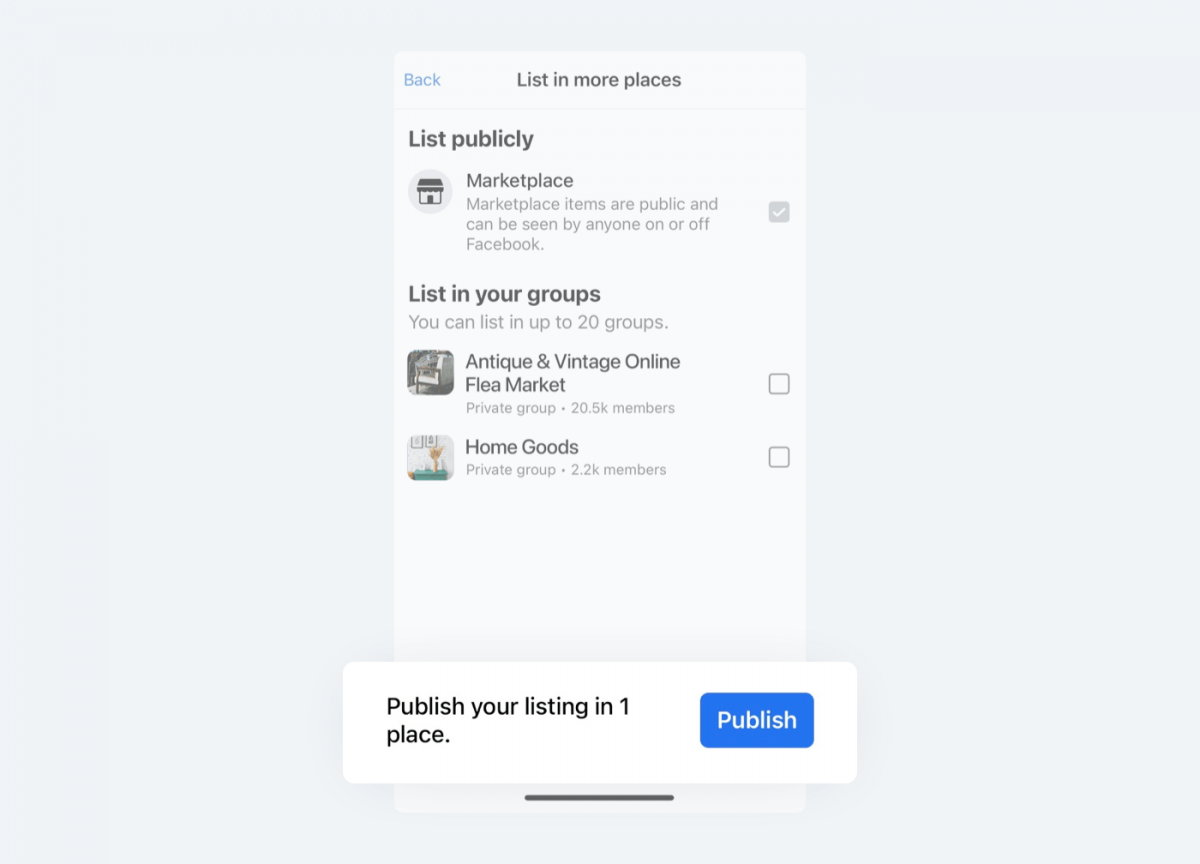 Image showing the final stage of publishing the item for sale on Facebook Marketplace.
