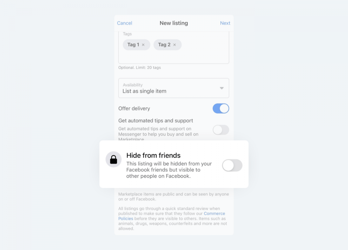 Image showing where to find "Hide from friends" option on Facebook Marketplace.