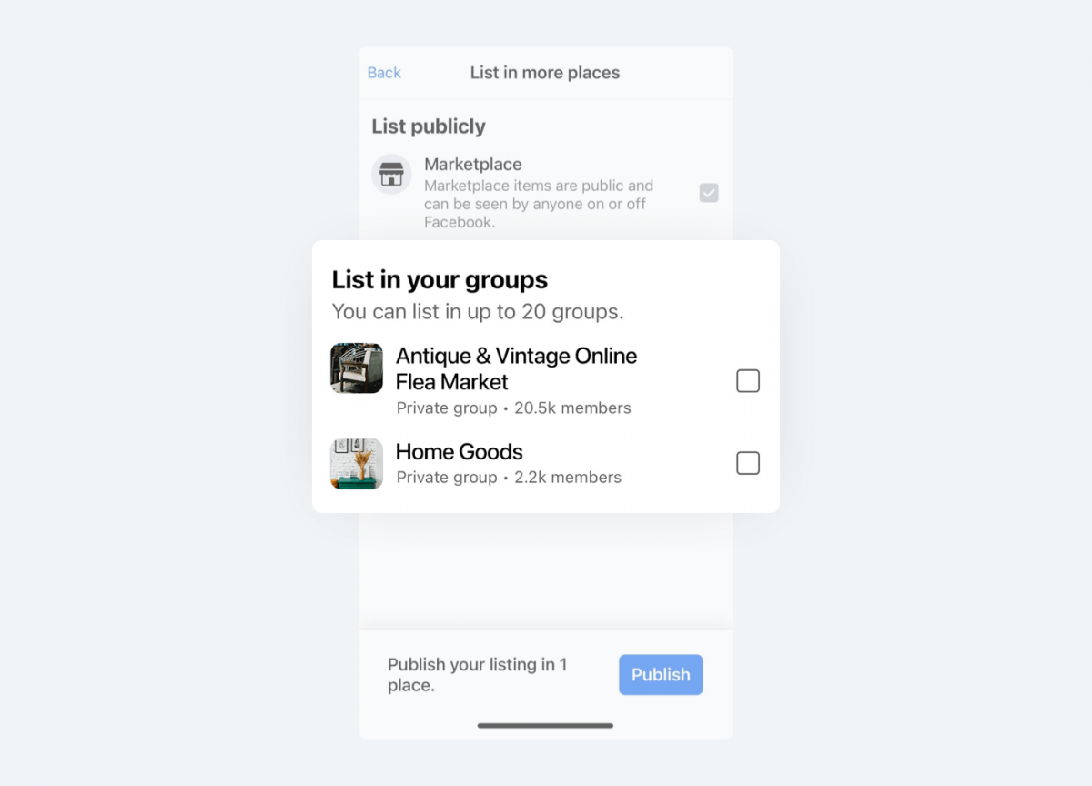 Image showing how to display item for sale in other groups you are member of, apart from FB Marketplace.