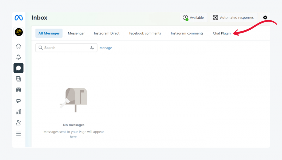 Inbox tab with an arrow pointing to the Chat Plugin link text in the top menu