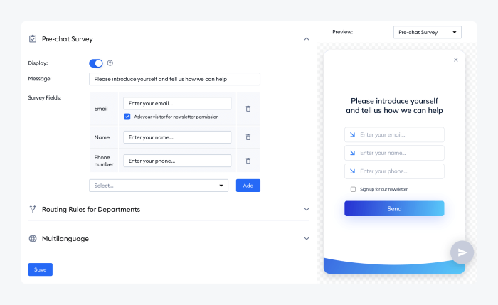 Tidio pre-chat survey panel 