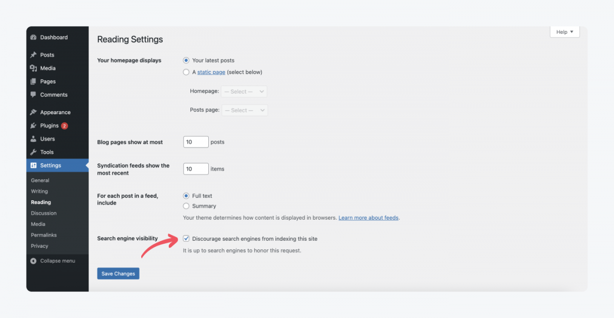 Reading settings in WordPress