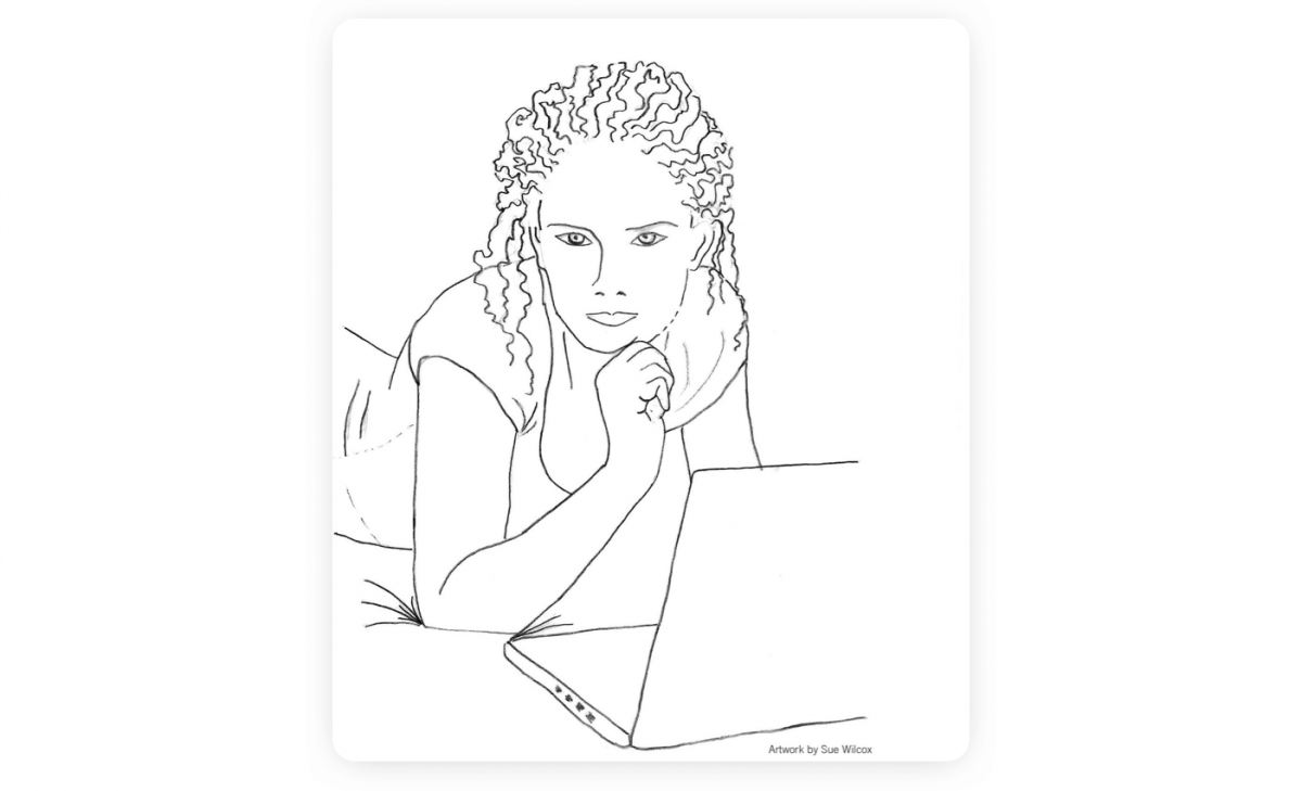 A drawing of Rose chatbot by Sue Wilcox