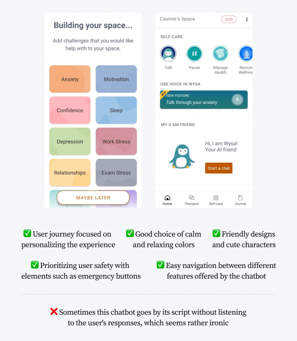 Pros and cons of Wysa chatbot interface