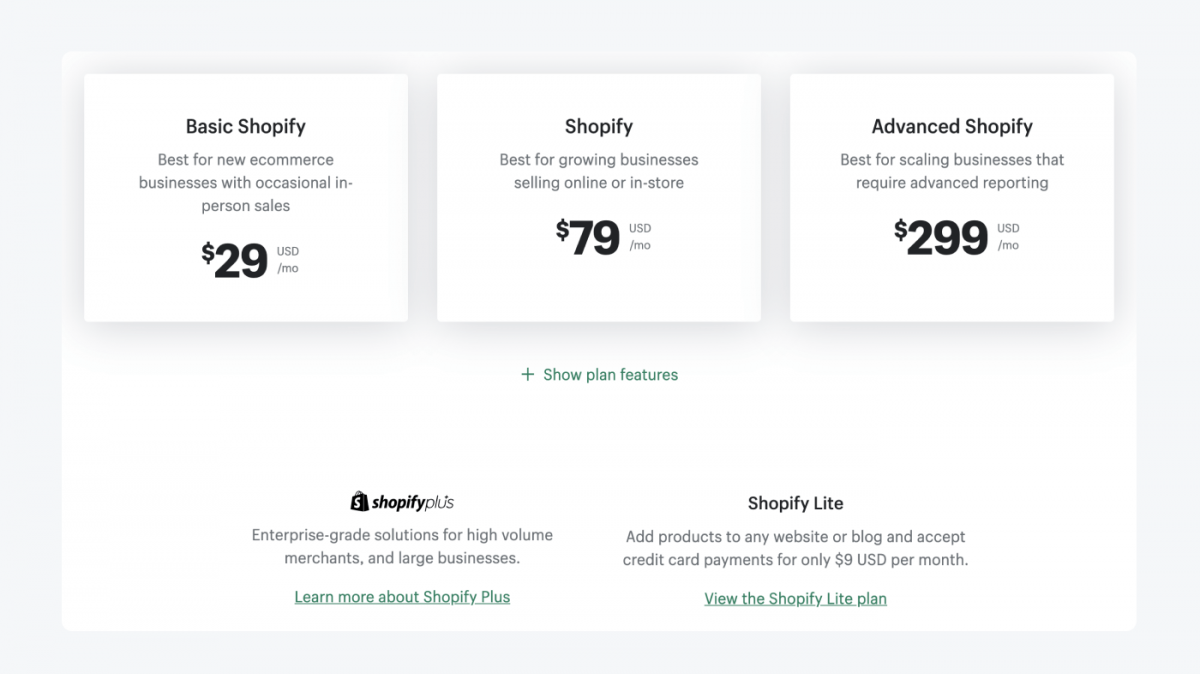 Shopify pricing page