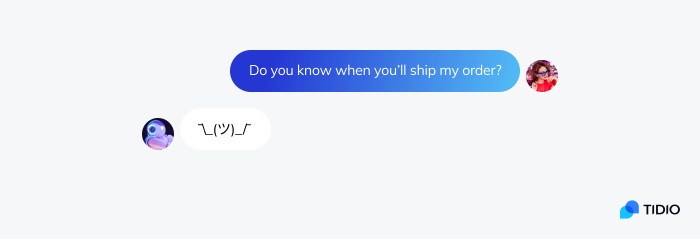 Example of a customer message answered with a shrug emoji in chat widget