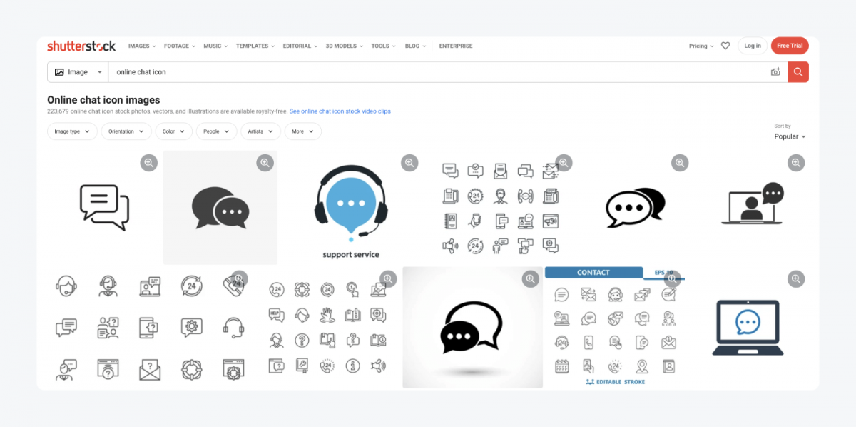 Search results for the phrase live chat icon in Shutterstock internal search