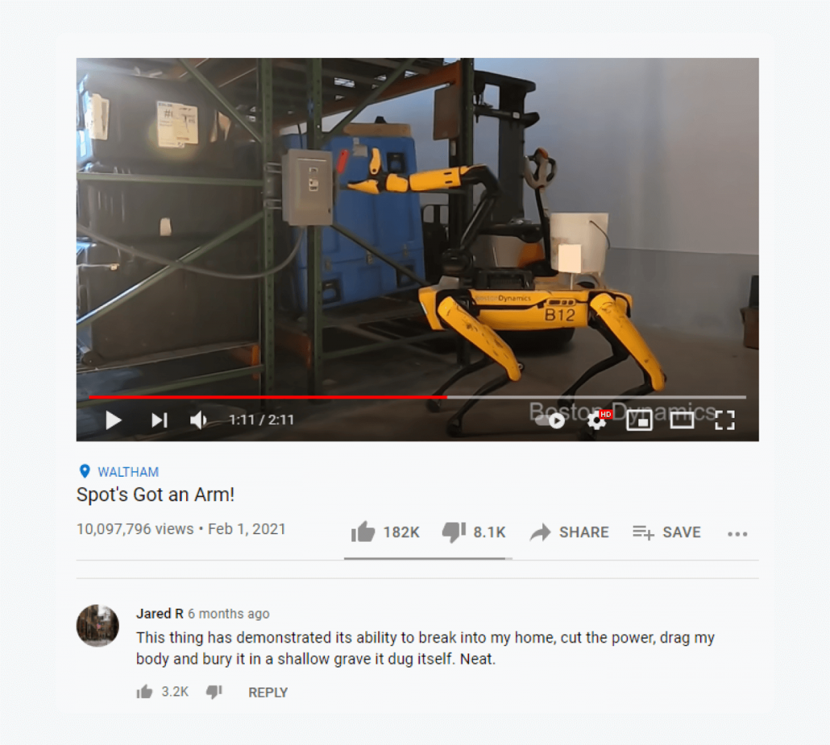 Screenshot of youtube video "Spot's Got an Arm!" and a comment below