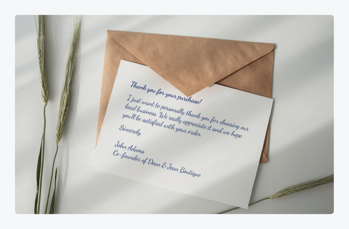 Personalized thank you for your order card example