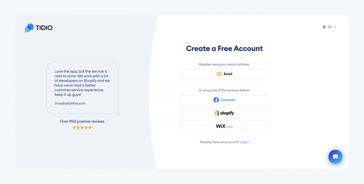 Create a Free account page on Tidio website