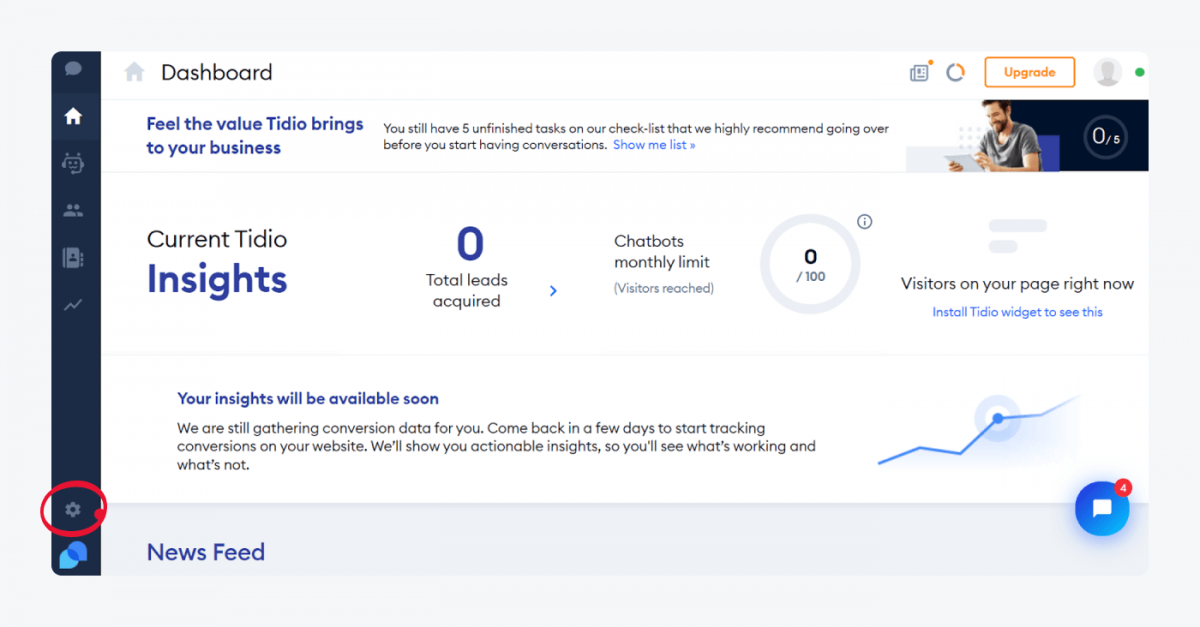 Tidio dashboard with the Settings icon circled in the bottom left corner
