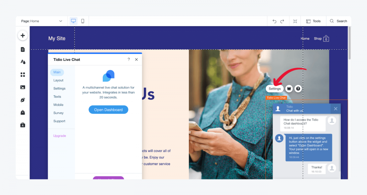 Tidio chat settings panel in Wix